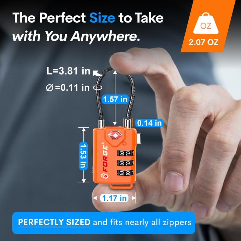 Forge TSA Approved Cable Luggage Locks, Re-settable Combination with Alloy Body, Orange 2 Locks. - Image 3